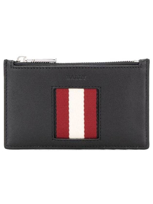 Three Stripes Logo Zipper Card Wallet Black - BALLY - BALAAN.