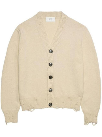 Distressed Effect Virgin Wool Cardigan Beige - AMI - BALAAN 1