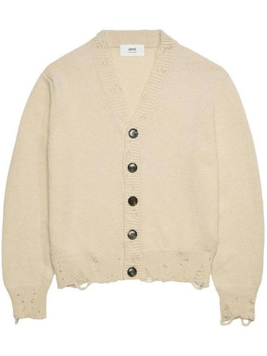 Distressed Effect Virgin Wool Cardigan Beige - AMI - BALAAN 1