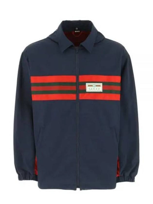 Men's Web Label Hooded Jacket Blue - GUCCI - BALAAN 2