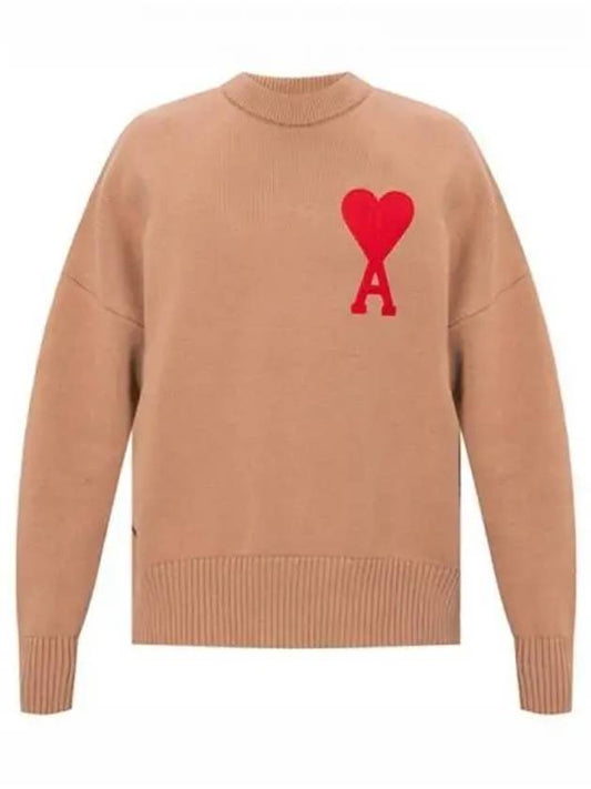 Men's Big Heart Embroidered Logo Knit Top Beige - AMI - BALAAN 2