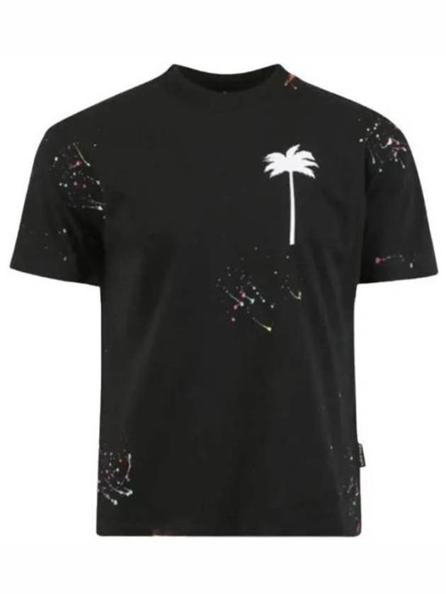 Palm Tree Painted Cotton Short Sleeve T-Shirt Black - PALM ANGELS - BALAAN 2