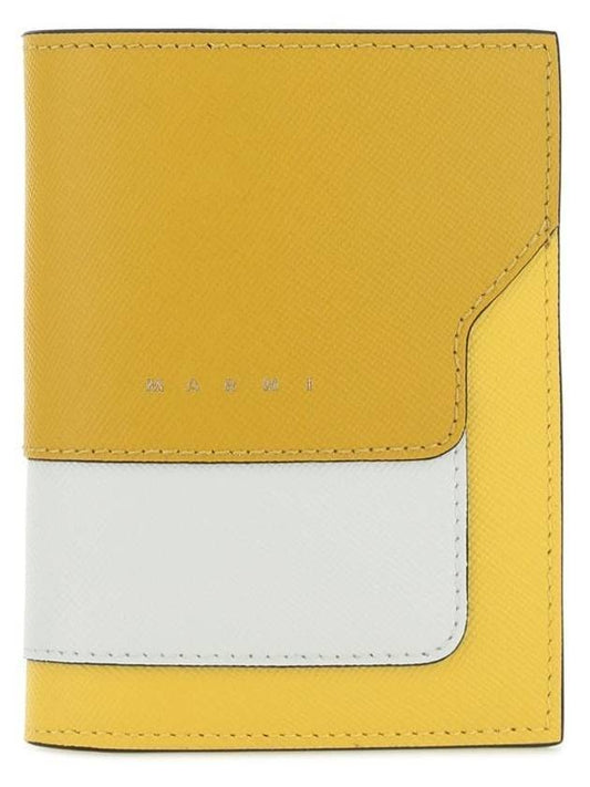 Logo Saffiano Leather Two-fold Bifold Wallet White Yellow - MARNI - BALAAN.