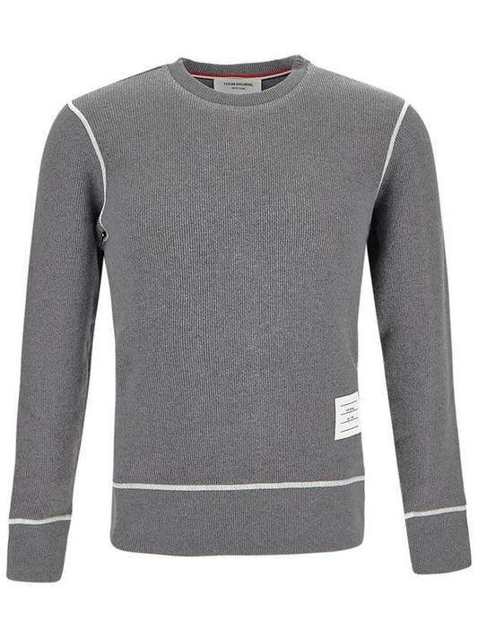 Mesh Back Cotton Rib Contrast Cover Stitch Crewneck Pullover Sweatshirt Grey - THOM BROWNE - BALAAN 1