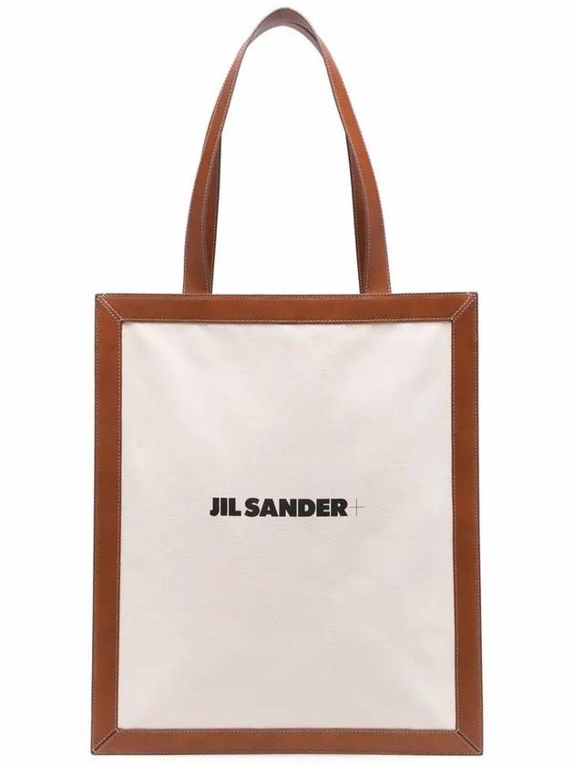 Women's Plus Logo Leather Canvas Tote Bag Beige - JIL SANDER - BALAAN 3