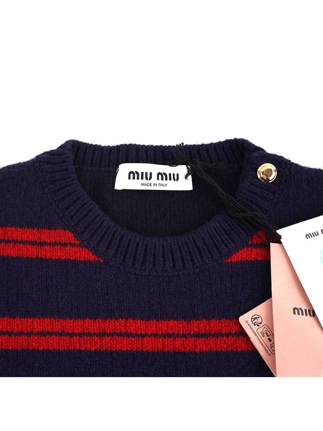 Striped Logo Shetland Wool Crew Neck Knit Top Red Blue - MIU MIU - BALAAN 9