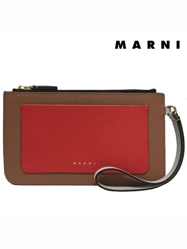 Color Block Saffiano Handle Pouch Bag Camel Red - MARNI - BALAAN 3