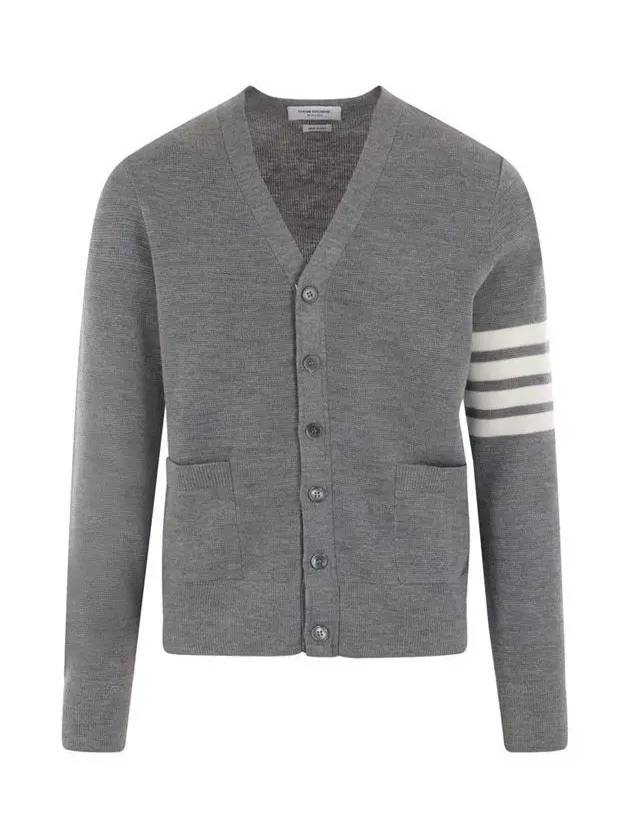 4-Bar Striped Waffle High V-Neck Cardigan Light Grey - THOM BROWNE - BALAAN 3