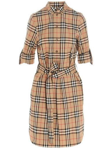 Vintage Check Stretch Cotton Tie-Waist Shirt Dress Beige - BURBERRY - BALAAN 1