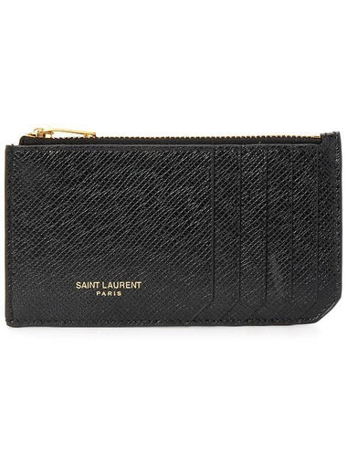 Coated Bark Leather Fragment Zipper Card Wallet Black - SAINT LAURENT - BALAAN 1