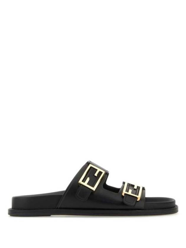 Women's FF Leather Fill Flat Sandals Slippers Black - FENDI - BALAAN 2