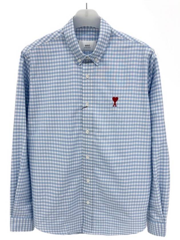 Small Heart Logo Gingham Button Long Sleeves Shirt Sky Blue - AMI - BALAAN 3