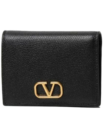 V Logo Signature Grainy Calfskin Half Wallet Black - VALENTINO - BALAAN 1