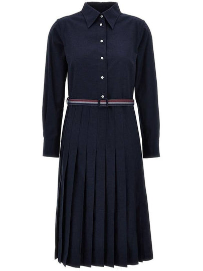 Stripe Flannel Pleated Bottom Belted Cotton Midi Dress Navy - THOM BROWNE - BALAAN 2