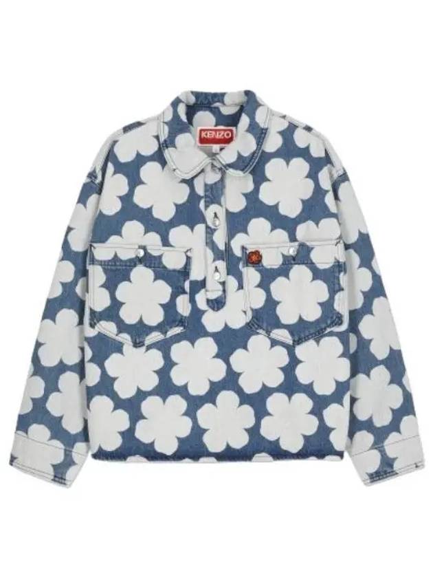 Poppy Print Denim Overshirt Blue White Shirt - KENZO - BALAAN 1