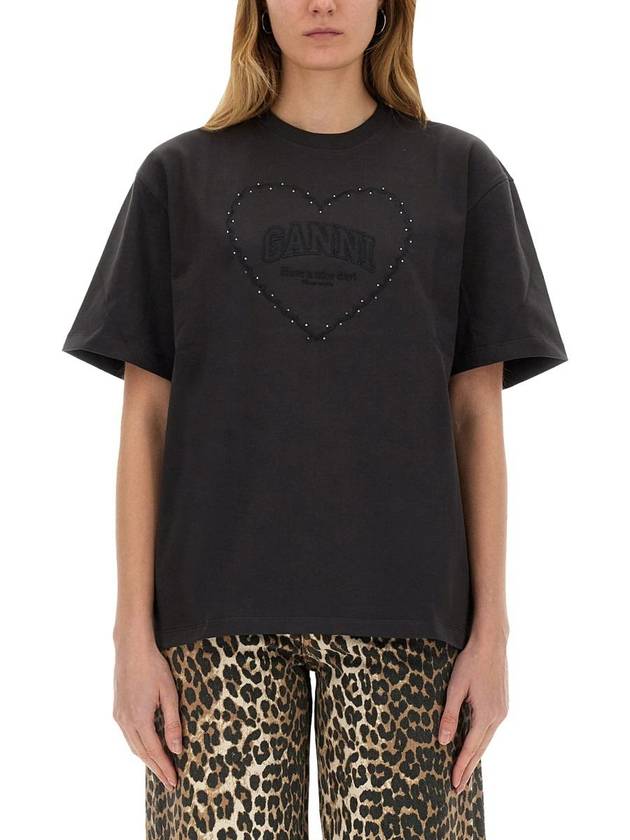 Drop Shoulder Heart Cotton Short Sleeve T-Shirt Black - GANNI - BALAAN 2