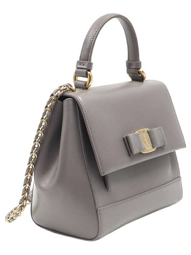 Ferragamo Purple Gray Saffiano Leather Gold Vara Ribbon Carry Small Top Handle 2WAY 21 F570 - SALVATORE FERRAGAMO - BALAAN 3