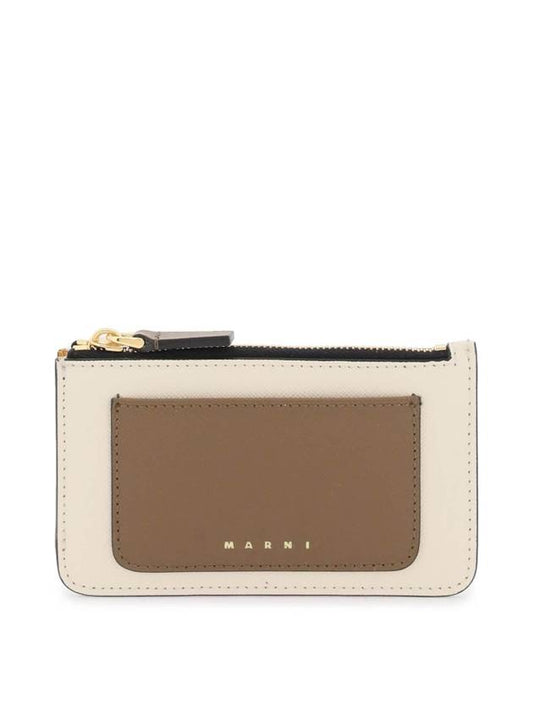 Saffiano Two-Tone Zipper Card Wallet White Brown - MARNI - BALAAN 1