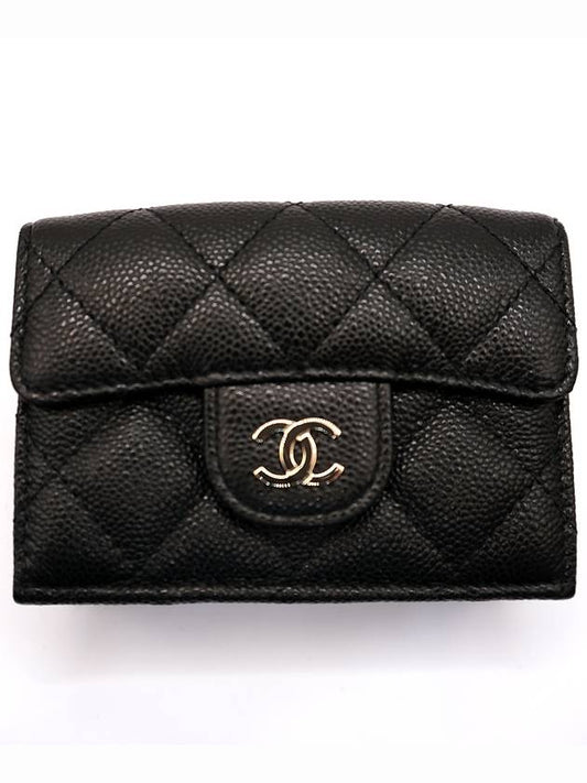 Classic Small Flap Wallet Grained Shiny Calfskin Gold Black - CHANEL - BALAAN 2