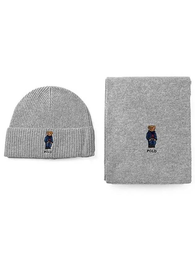 Embroidery Bear Wool Beanie Muffler Set Grey - POLO RALPH LAUREN - BALAAN 3