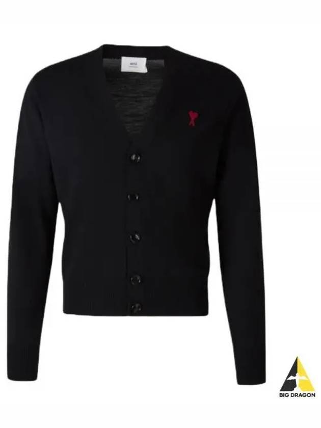 Red Heart Logo Merino Wool Cardigan Black - AMI - BALAAN 2