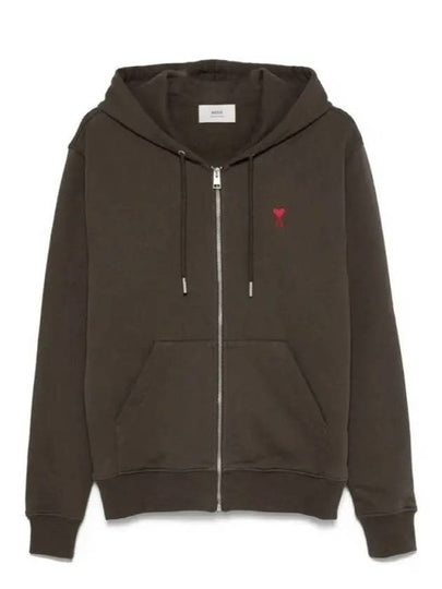 Red Small Heart Logo Cotton Hooded Zip-up Dark Coffee - AMI - BALAAN 2