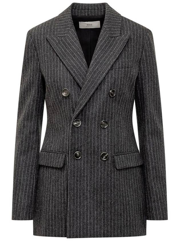 Grey Striped Double-Breasted Jacket In Wool Woman - AMI - BALAAN 1