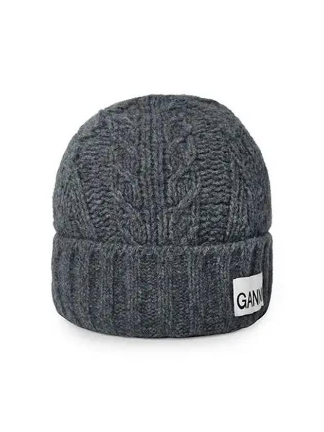 Logo Cable Knit Beanie Grey - GANNI - BALAAN 4