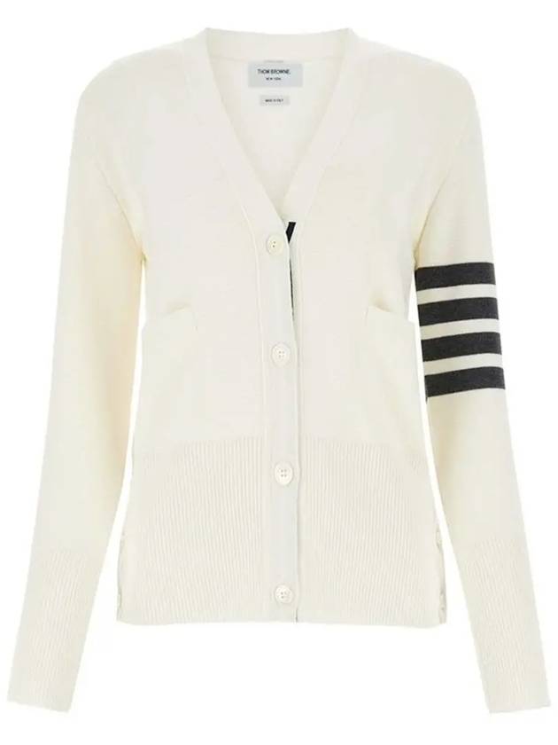 Milano Stitch 4 Bar Classic V Neck Fine Merino Wool Cardigan White - THOM BROWNE - BALAAN 2