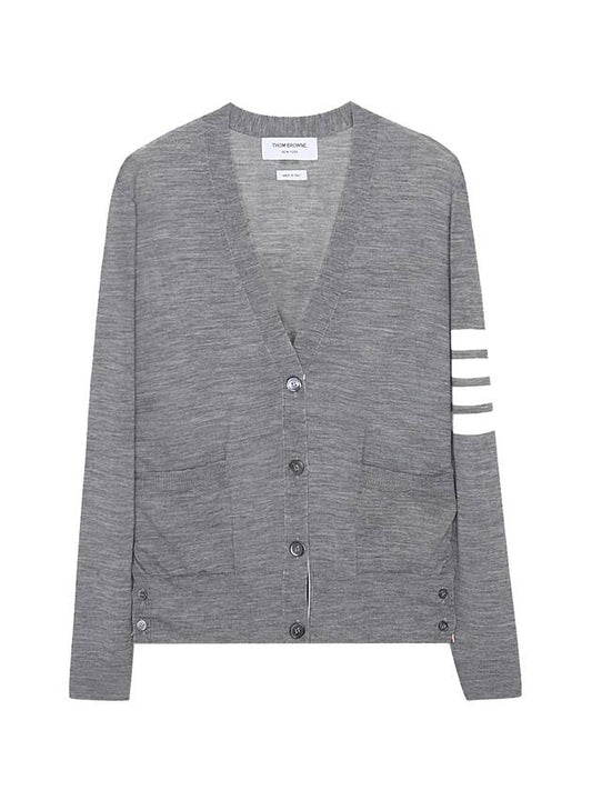 Sustainable Fine Merino Wool 4-Bar Relaxed Fit V-Neck Cardigan Light Grey - THOM BROWNE - BALAAN 1