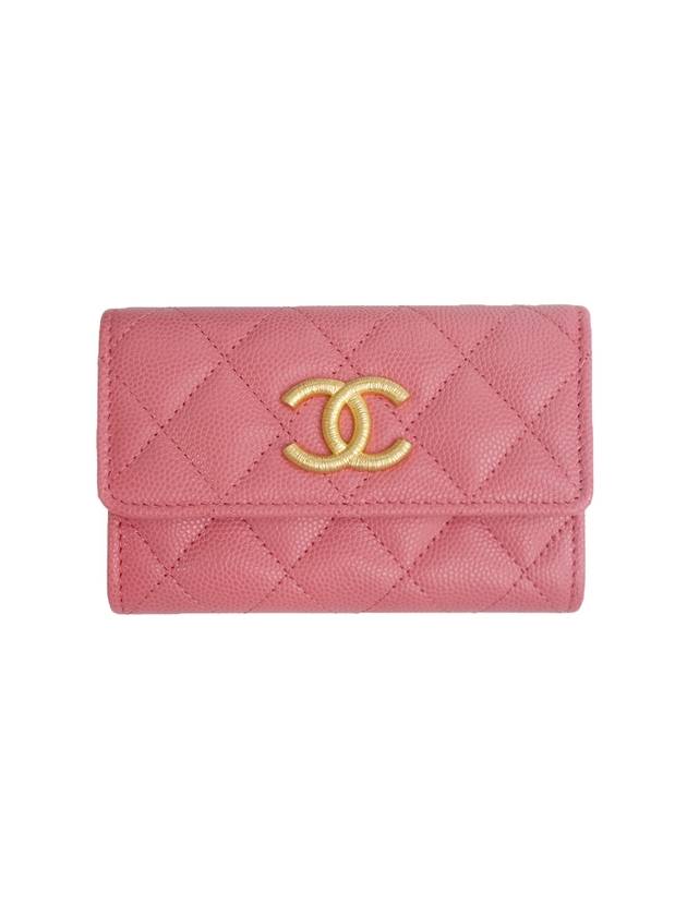 gold CC logo calfskin flap bi-fold wallet pink - CHANEL - BALAAN 1