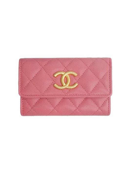 gold CC logo calfskin flap bi-fold wallet pink - CHANEL - BALAAN 1