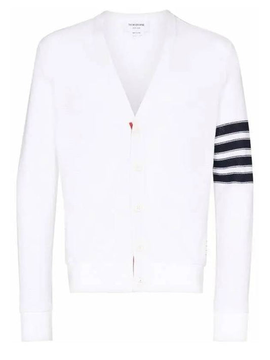 4 Bar Open Raschel Stitch V Neck Cardigan White - THOM BROWNE - BALAAN 2