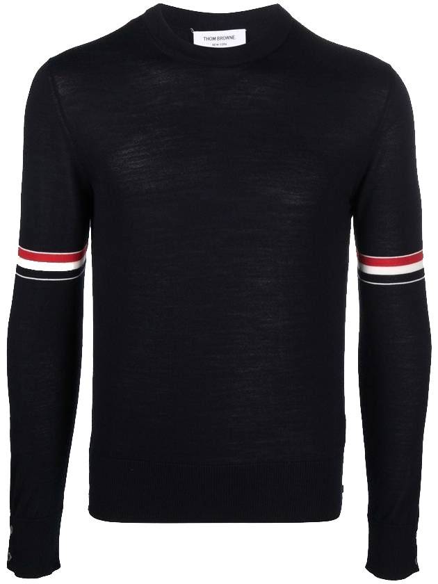 Merino Striped Crew Neck Knit Top Navy - THOM BROWNE - BALAAN 1