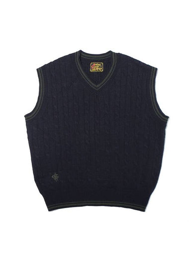 Wool Logo Cable Knit Vest Navy - OGARP - BALAAN 1