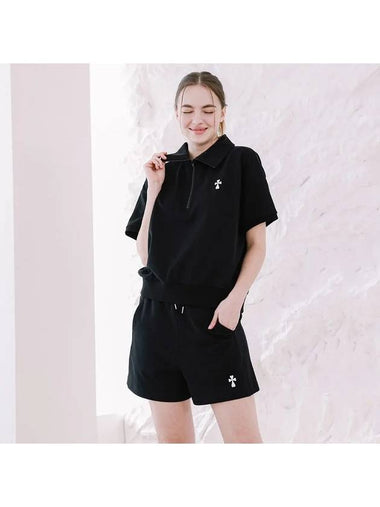 Women Hank Logo Half Zip-up Tee Shorts Set-up Black - MACASITE - BALAAN 1