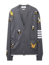 Men's Merino Bird Bee 4 Bar V-Neck Merino Cotton Cardigan Medium Grey - THOM BROWNE - BALAAN 2