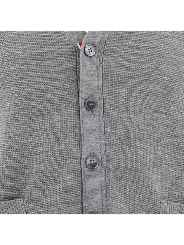 4-Bar Striped Waffle High V-Neck Cardigan Light Grey - THOM BROWNE - BALAAN 4