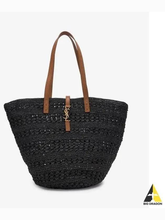 Top Handle Raffia Tote Bag Black - SAINT LAURENT - BALAAN 2