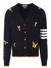 Men's Merino Bird Bee 4 Bar V-Neck Merino Cotton Cardigan Navy - THOM BROWNE - BALAAN 2