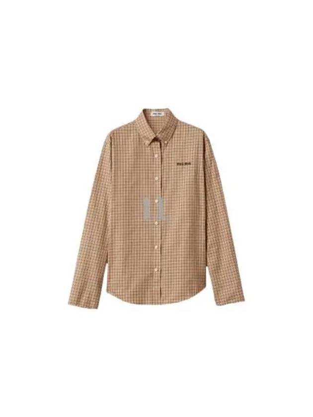 Embroidered Logo Check Long Sleeve Shirt Beige - MIU MIU - BALAAN 2