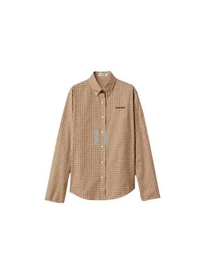 Embroidered Logo Check Long Sleeve Shirt Beige - MIU MIU - BALAAN 2