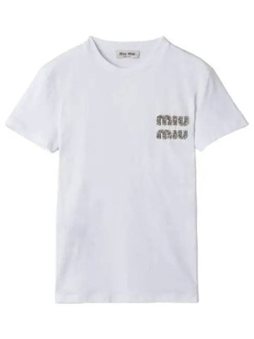 Embroidered cotton t shirt white crystal long sleeve - MIU MIU - BALAAN 1