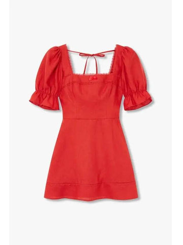 Wearing Square Neck Ribbon Linen Dress Evianna Red - REFORMATION - BALAAN 1