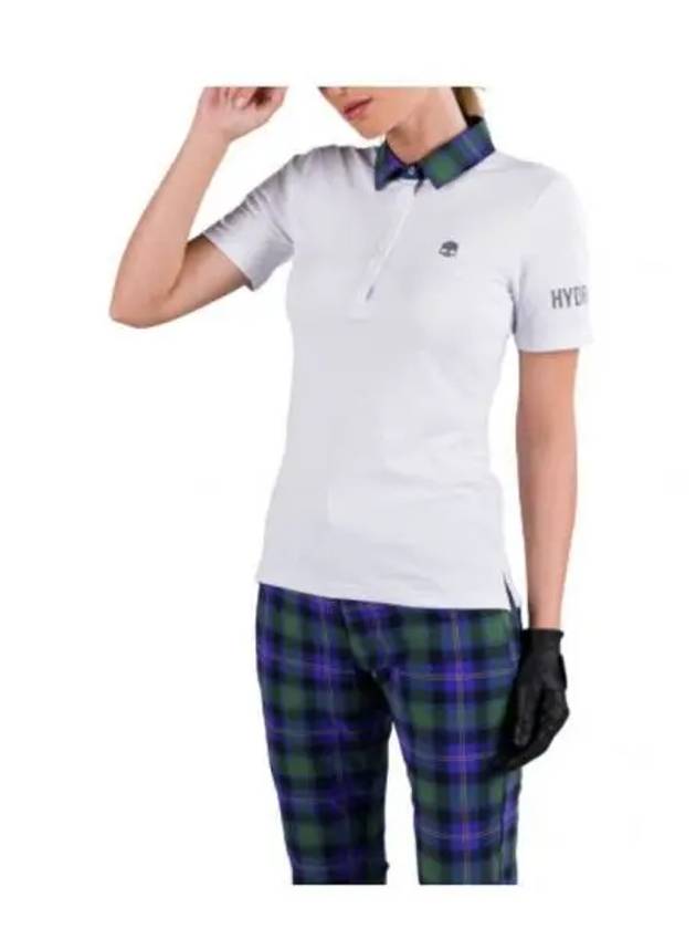 Women's Golf Logo Tech Tartan Neck Short Sleeve PK Shirt White - HYDROGEN - BALAAN 2