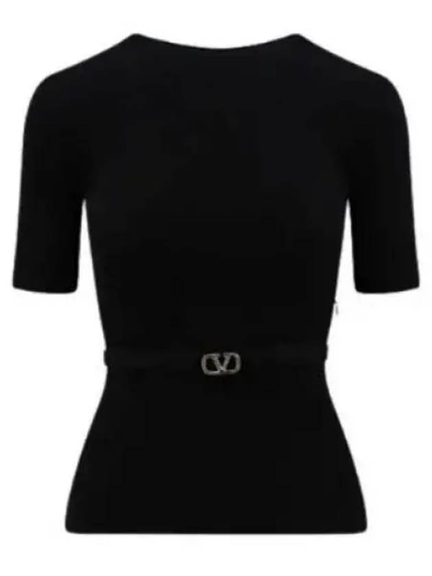 V Metal Logo Belt Detail Wool Knit Top Black - VALENTINO - BALAAN 2