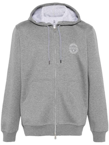 Logo Print Double Fleece Zip Up Hoodie Grey - BRUNELLO CUCINELLI - BALAAN 1