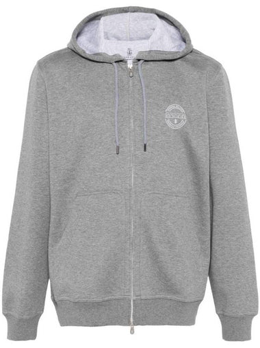 Logo Print Double Fleece Zip Up Hoodie Grey - BRUNELLO CUCINELLI - BALAAN 1