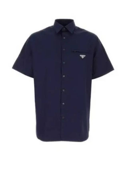 Triangle Logo Pocket Regular Fit Cotton Short Sleeve Shirt Navy - PRADA - BALAAN 2