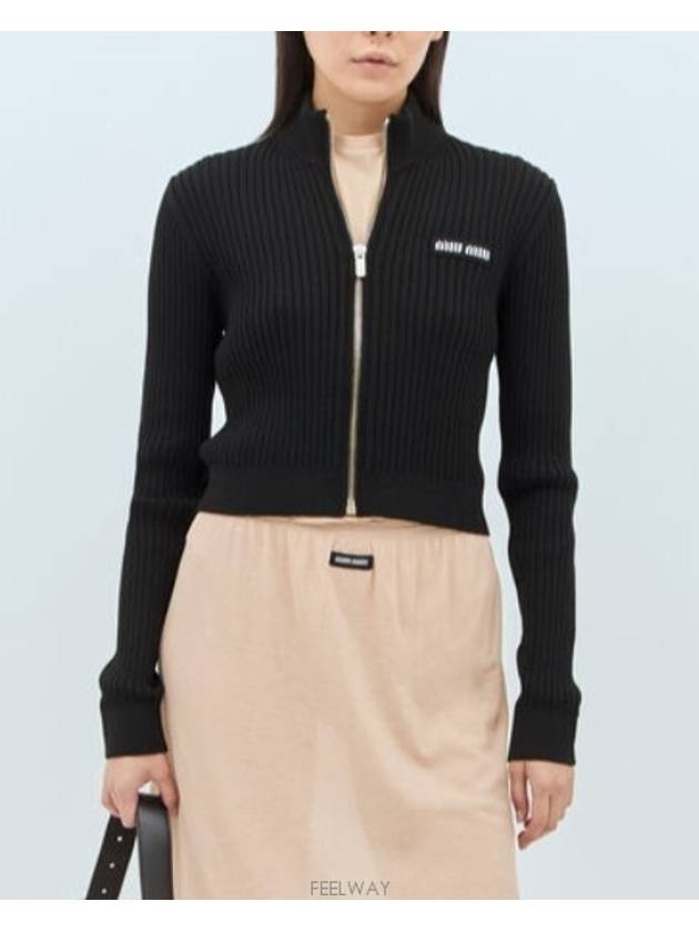 Logo Patch Rib High Neck Zip-Up Wool Cardigan Black - MIU MIU - BALAAN 3